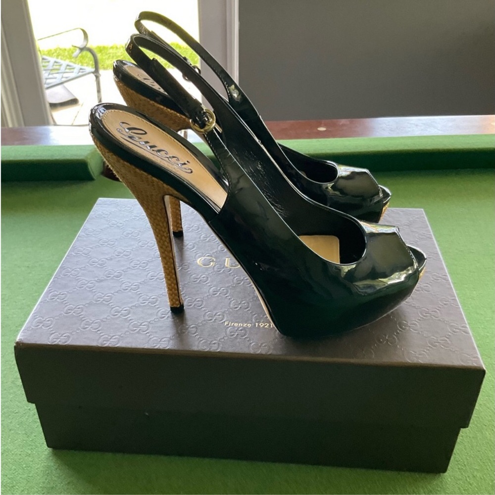 GUCCI Peep Toe Slingback Pump High Heels Patent Leather Black - Picture 4 of 10